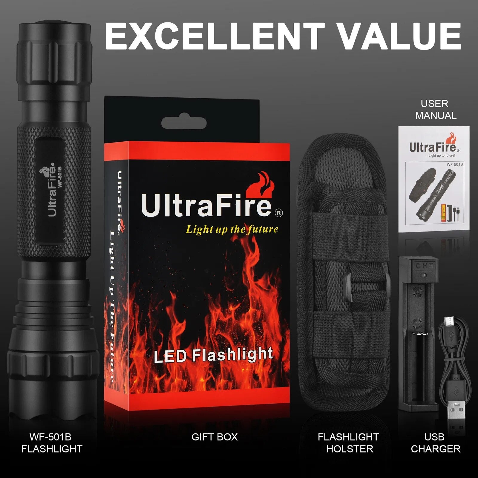 UltraFire LED 18650 501B Flashlight 1200 High Lumen With Duty Belt Holster
