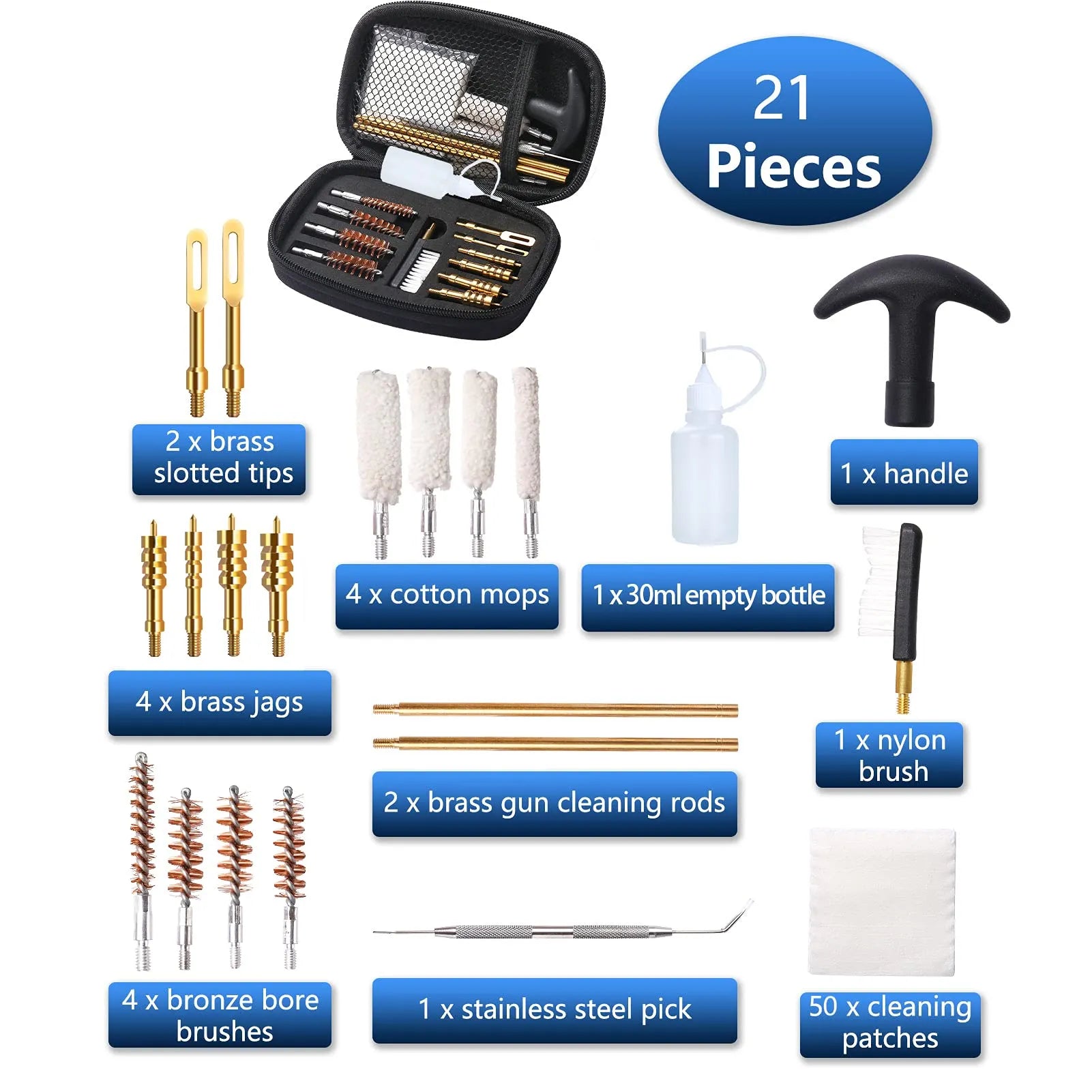 21PCS Universal Tactical Cleaning Kit for .22/.38/9mm/.40/.45 Caliber
